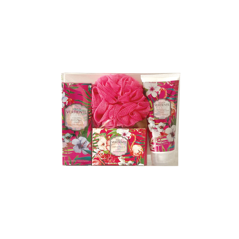set rosa Acqua Di Vertiente Set Colonia+Jabon de Tocador+Esponja+Locion de Cuerpo Paraiso Tropical - Imagen 1